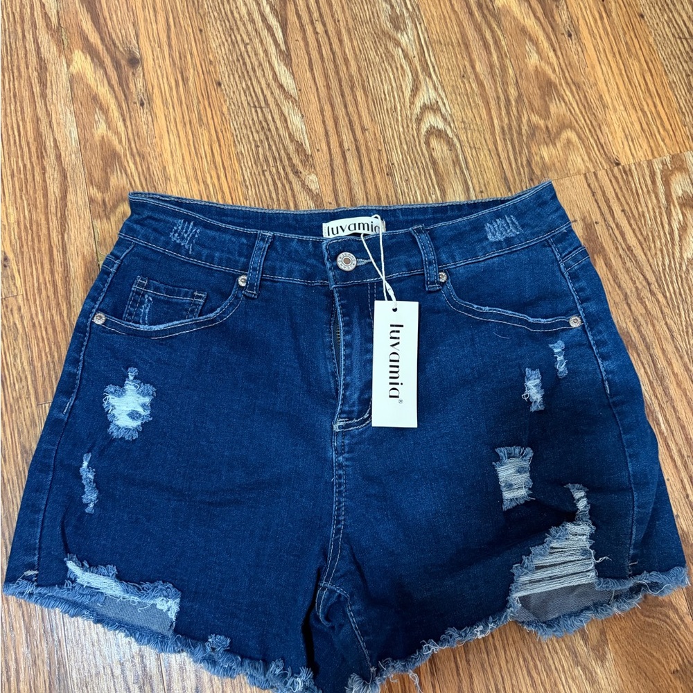 Luvamia Dark Blue Distressed Denim Shorts - Women's High Rise